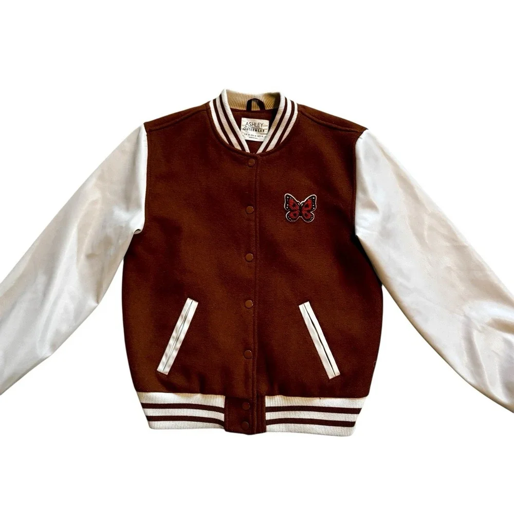 Ashley Outerwear‎ Embroidered Varsity Jacket Mushrooms Brown Medium Boho Hippie